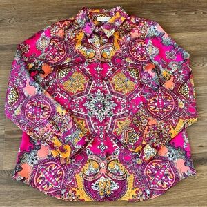 Chicos Satin Button Up Long Sleeve Blouse Shirt Paisley Pink Orange SZ 1 Medium